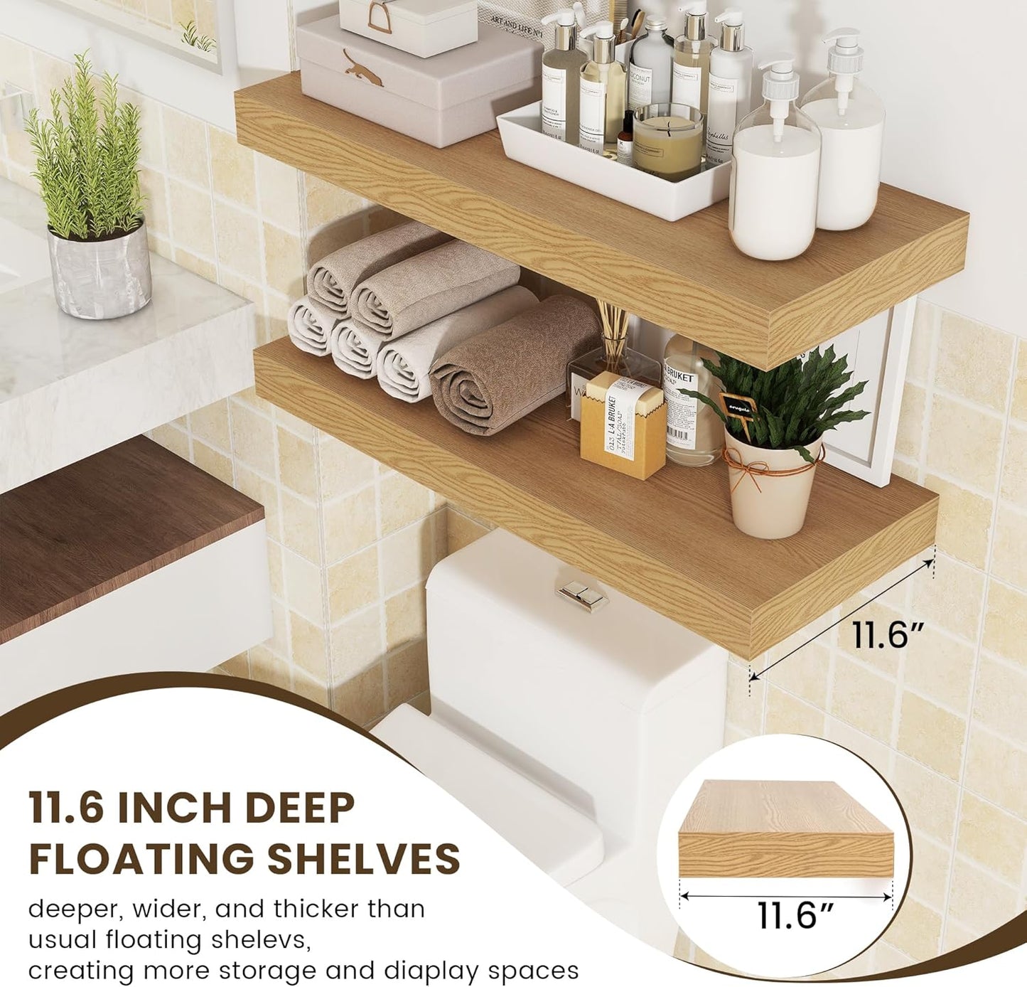 30 Inch Floating Shelves for Wall - 30 Inch Wide x 12 Inch Deep Oak Floating Shelves Set of 2 - Rustic Wide Wood Wall Shelves for Living Room Bathroom Laundry Room Kitchen Home Office