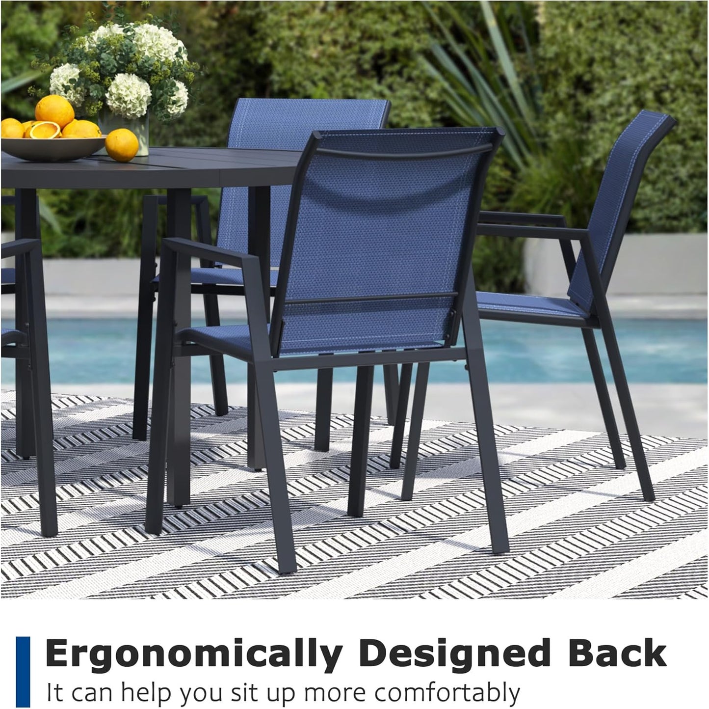 7 Piece Outdoor Dining Set, Patio Table and Chairs Set of 6, 47" Black Round Patio Table with 6 Blue Stackable Patio Chairs for Lawn, Garden, Porch