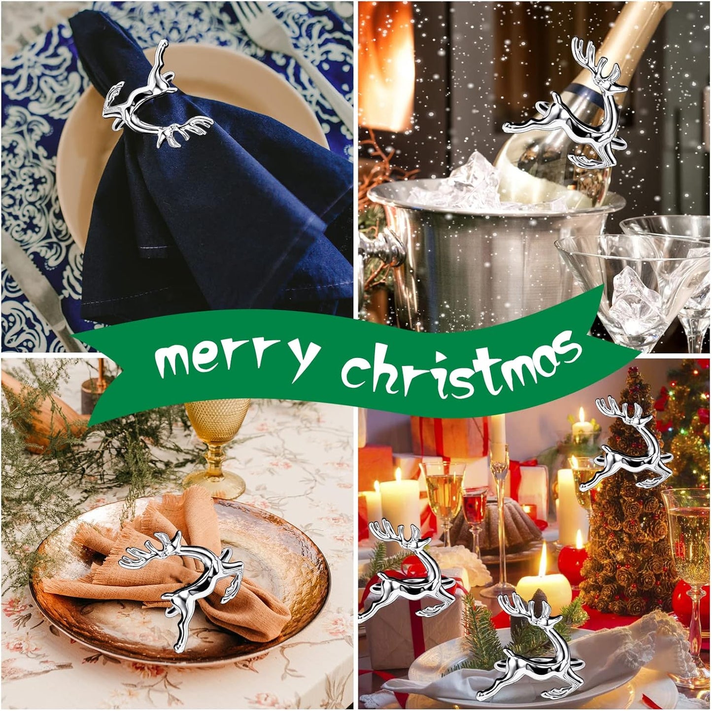 Legigo Set of 8 Christmas Deer Napkin Rings Set- Sliver Deer Xmas Napkin Ring Holders for Cloth Napkins, Christmas Holiday Party Dinner Table Decoration