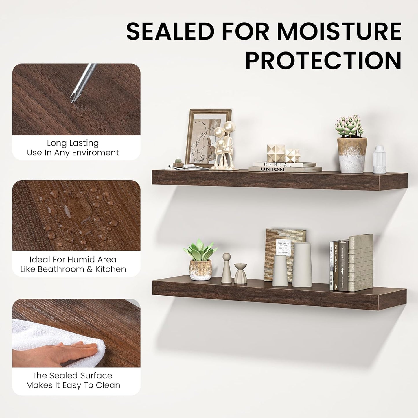 Floating Shelves for Wall, 31.5"W x 6.7"D x 1.5"H, Wooden Wall Mounted Display Shelves with Invisible Brackets for Living Room, Bedroom, Bathroom, Kitchen Decor and Storage, Set of 2, Walnut