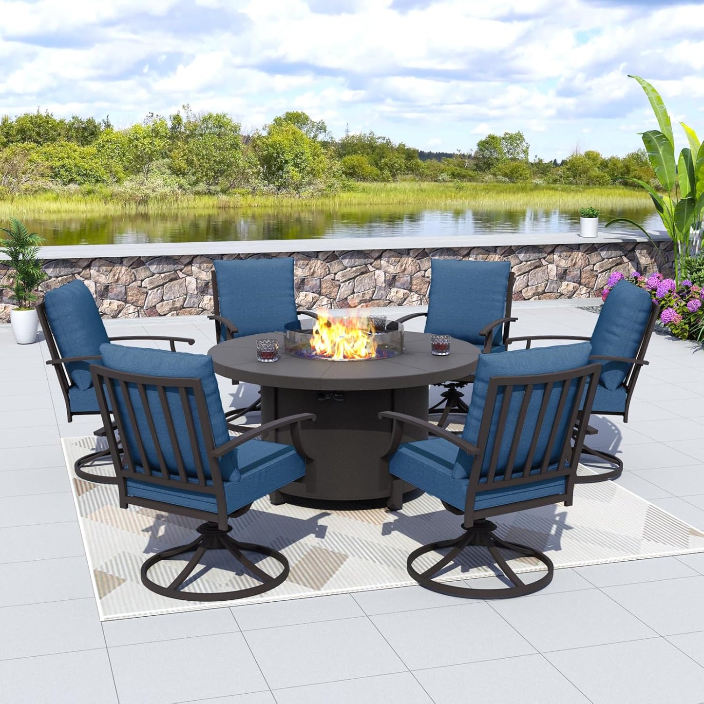 Kurapika 7 Piece Metal Outdoor Patio Furniture Set with Round Fire Pit Table, Patio Conversation Sets 6 Swivel Chairs with Thick Cushion and 40000 BTU Fire Pit Table for Deck, Navy Blue