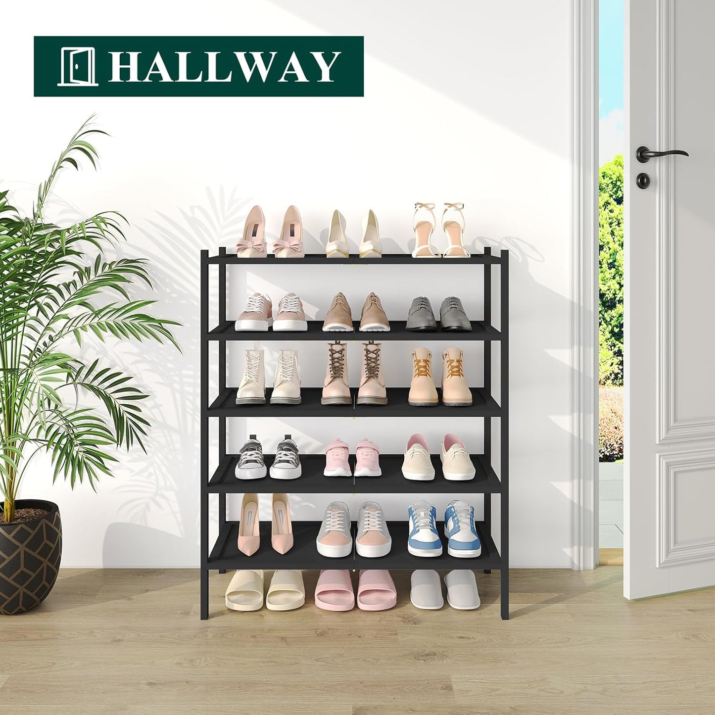 Smiry Bamboo Shoe Rack, 5 Tier Shoe Organizer for Entryway & Closet, Stackable Free Standing Storage Shelf for Shoes, Bags & Plants, Black