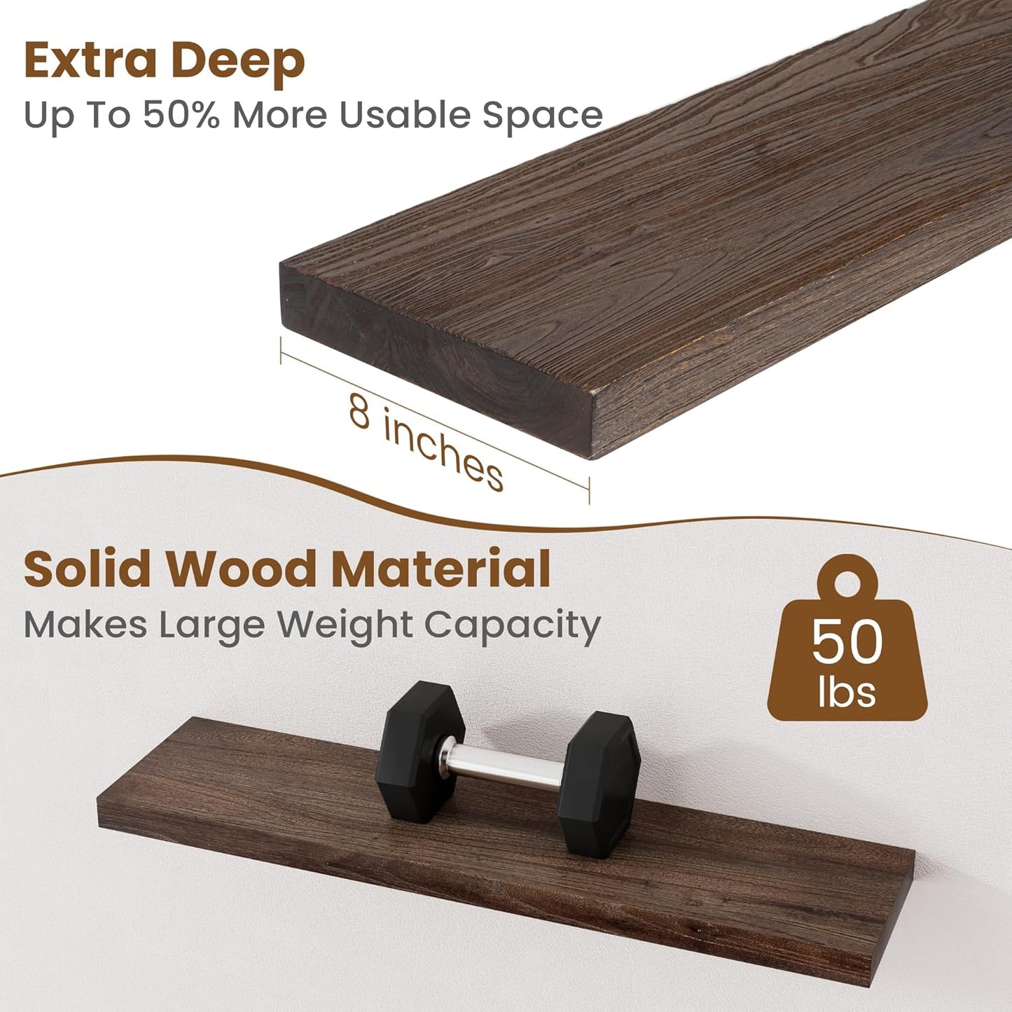 Floating Shelves for Wall Decor, 8 Inch Deep Rustic Solid Elm Wood Floating Shelves Wall Mounted, Wall Shelves with Invisible Bracket for Living Room Bathroom Bedroom Kitchen, 32 Inch Set of 2, Walnut