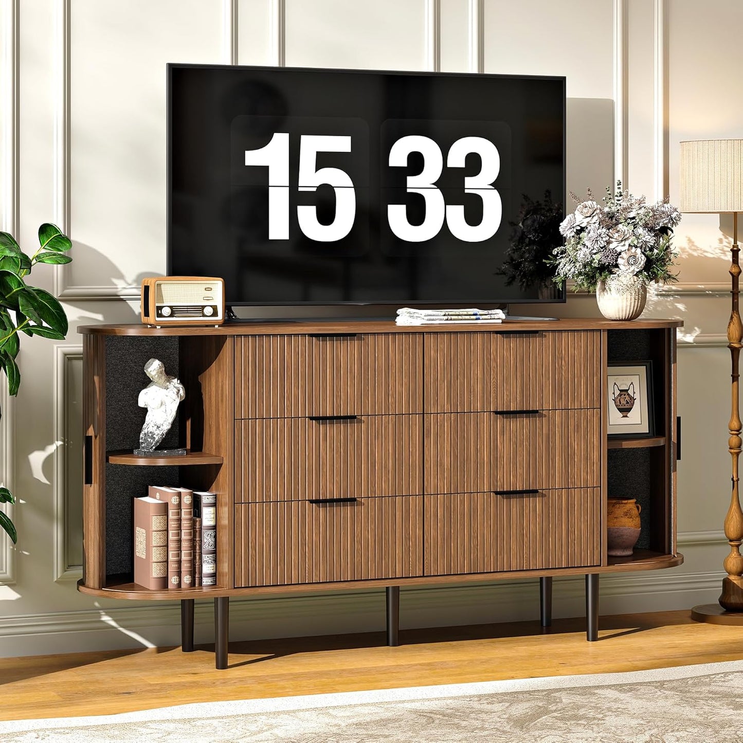 Modern Curved Fluted TV Stand for TVs up to 70 Inches, TV Console with Sliding Doors and Drawers, Credenza with Storage Cabinet for Living Room, 63 Inch, Brown