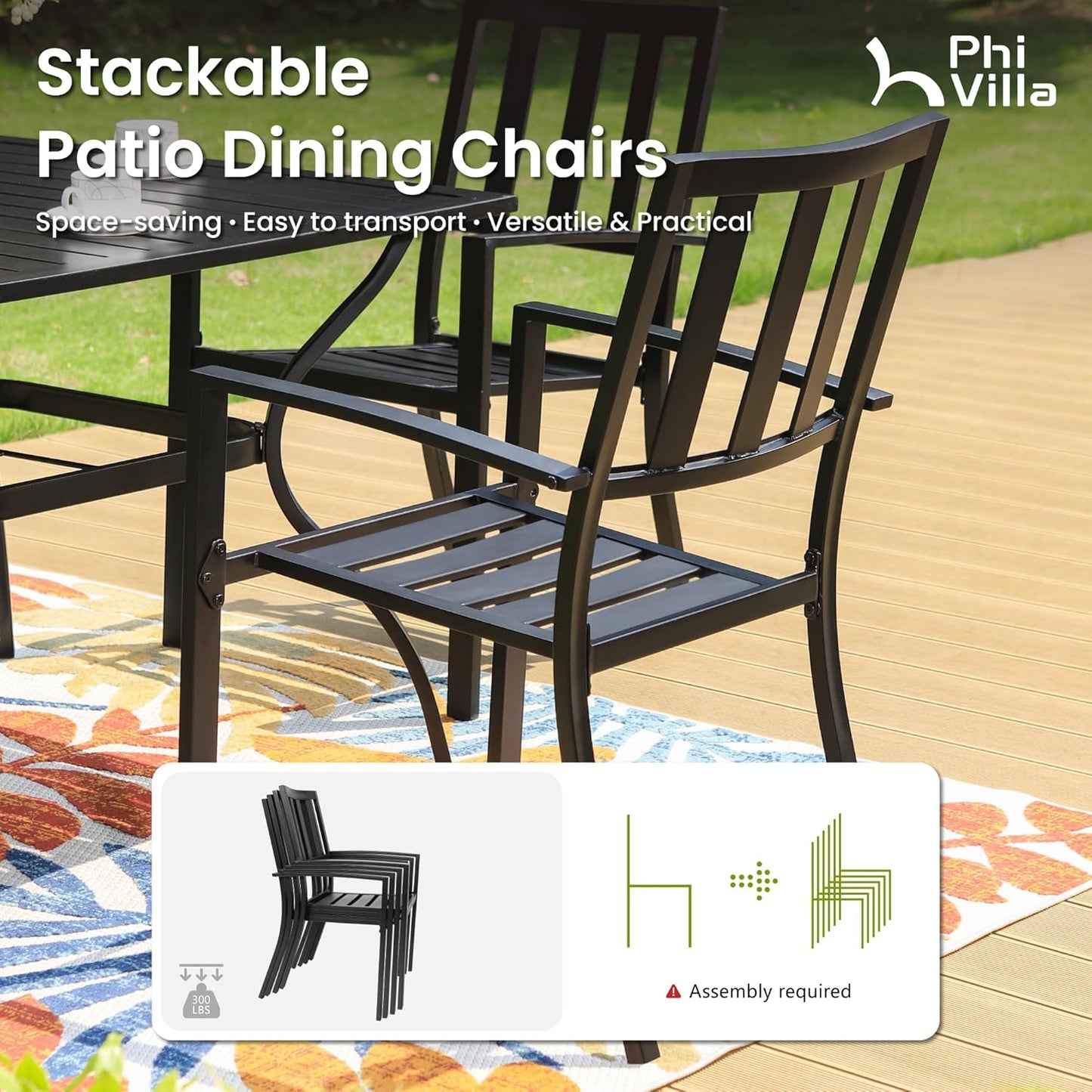 PHI VILLA 7 Pieces Outdoor Dining Set for 6, Expandable Rectangular Metal Dining Table & Stackable Wrought Iron Chairs, Large Furniture Set for Patio, Deck, Yard, Porch