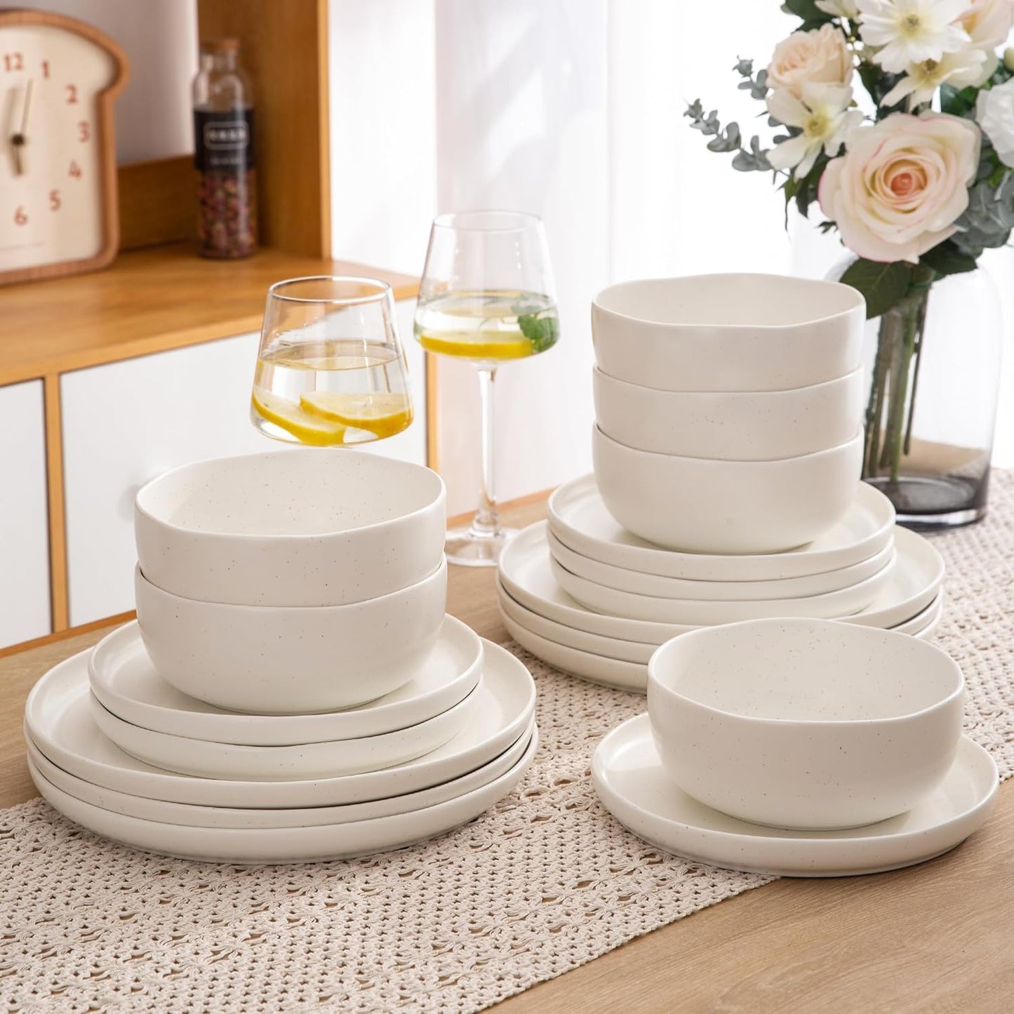 AmorArc Ceramic Dinnerware Sets, Wavy Rim Stoneware Plates and Bowls Sets,Highly Chip and Crack Resistant | Dishwasher & Microwave & Oven Safe Dishes set, Service for 8 (24pc)-Matte Speckled White