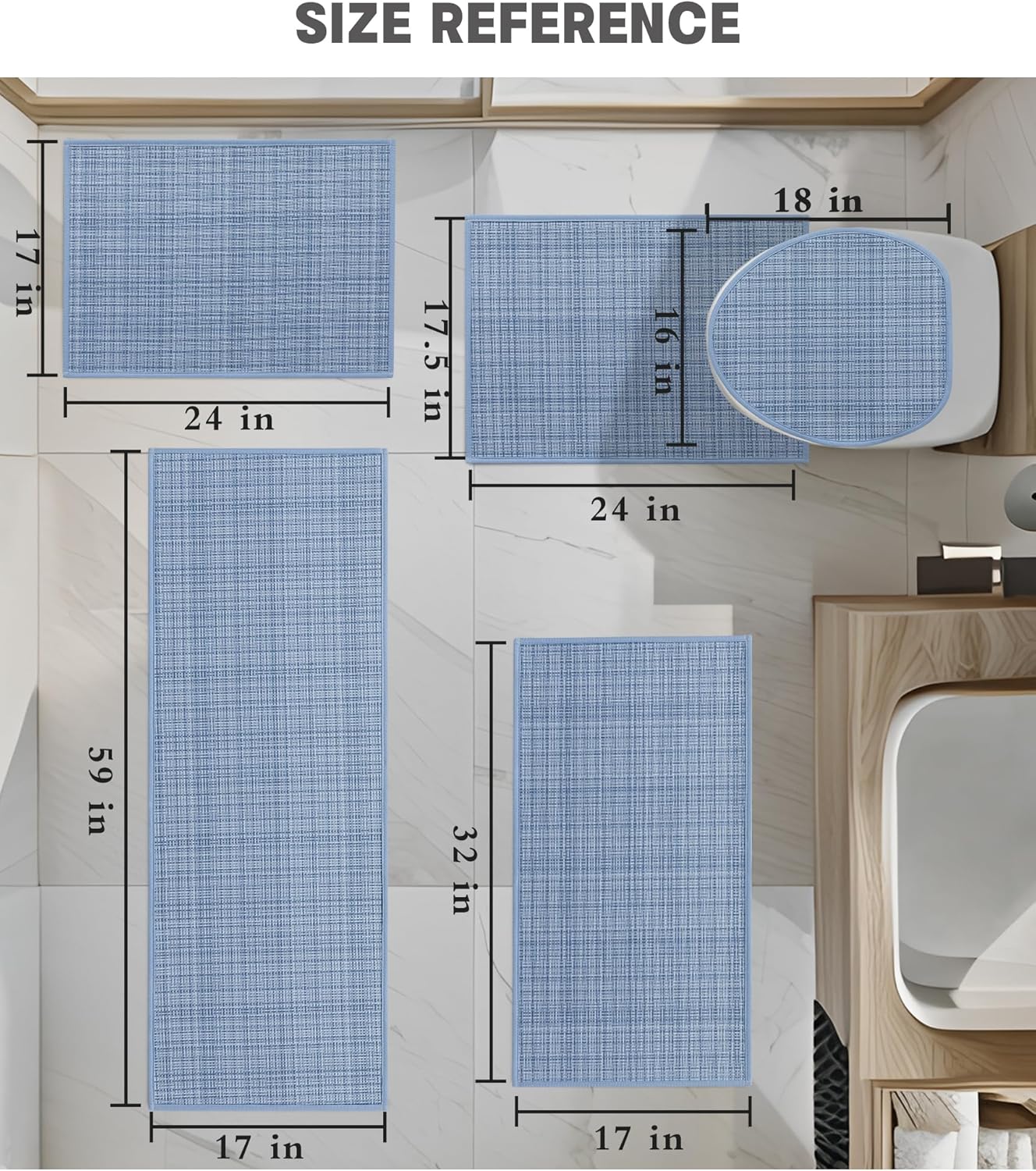 YIHOUSE Bathroom Rugs Sets 5 Pieces, Blue Ultra Thin Bath Mats Fit Under Door, Absorbent Quickly Dry Rubber Backing Braided Bath Mat Set, Non Slip Washable Bath Rugs for Bathroom Floor, Blue