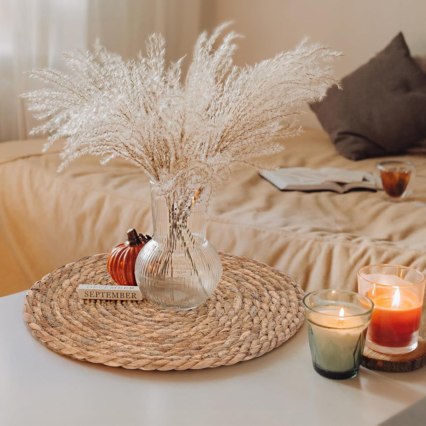 GENMOUS Woven Placemats Set of 10, 13.5" Round Placemats Natural Water Hyacinth Boho Placemat,Farmhouse Rattan Chargers for Dinner Plates,Rustic Braided Wicker Table Mats for Dining Table,Home,Wedding