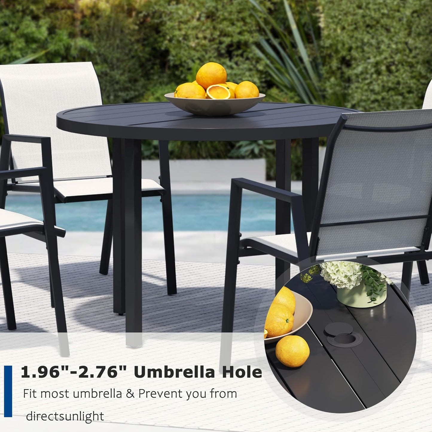 5 Piece Outdoor Dining Set, Patio Table and Chairs Set of 4, 42" Black Round Patio Table with 4 Oyster Beige Stackable Patio Chairs for Lawn, Garden, Porch