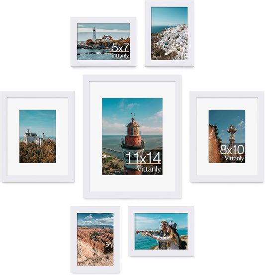 Vittanly Picture Frames set of 7, Picture Frames Collage Wall Decor for Wall or Tabletop Display, Multi Sizes with 1Pcs 11x14, 2Pcs 8x10 and 4Pcs 5x7 Photo Frames, Gallery Wall Frame Set in White