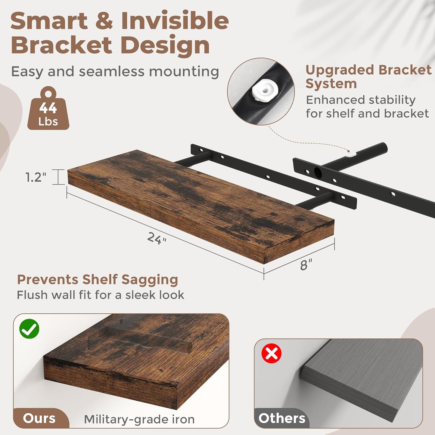 Floating Shelves for Wall with Invisible Brackets, Wall Mounted Engineered Wood Shelves with Wood Grain for Living Room, Bathroom, Kitchen Decor and Storage, Oak, 24"L Set of 2, Rustic Brown