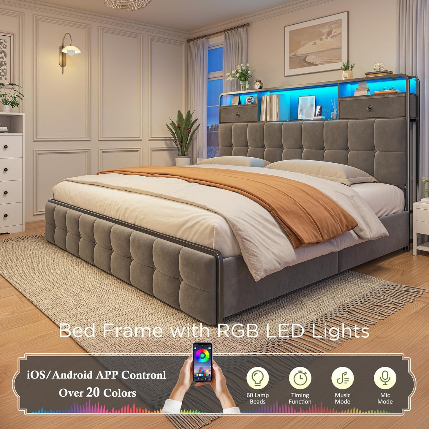 EnHomee King Size Bed Frame with 6 Storage Drawers and Upholstered Headboard,King Bed Frame with LED Lights and Charging Station,no Box Spring Needed,No Noise, Easy Assembly,Velvet,Sturdy,Soft,Grey