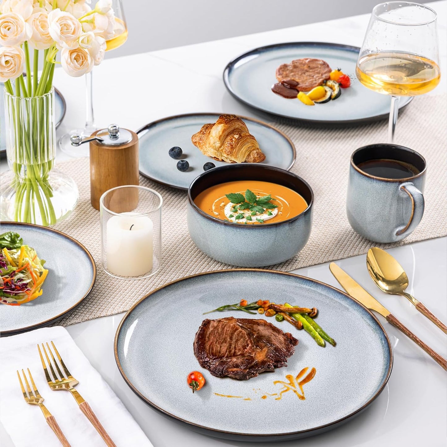 LERATIO Ceramic Dinnerware Sets for 4,16-PieceReactive Glaze Plates and Bowls Set with Mugs,Highly Chip and Crack Resistant | Dishwasher,Microwave & Oven Safe Dishes set-Gray White