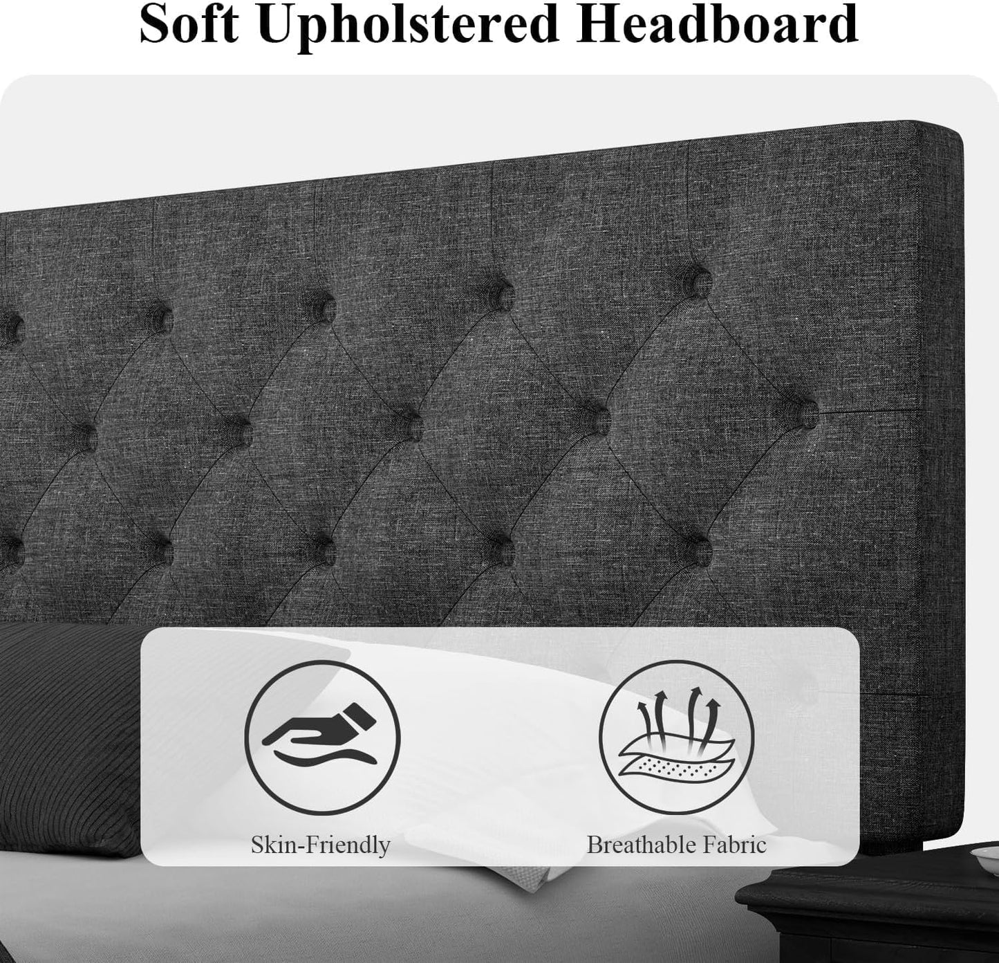 HOMBCK Queen Bed Frame with Headboard, Linen Fabric Upholstered Bed Frame Queen, Wood Slats Support, Button Tufted, No Box Spring Needed, Dark Grey