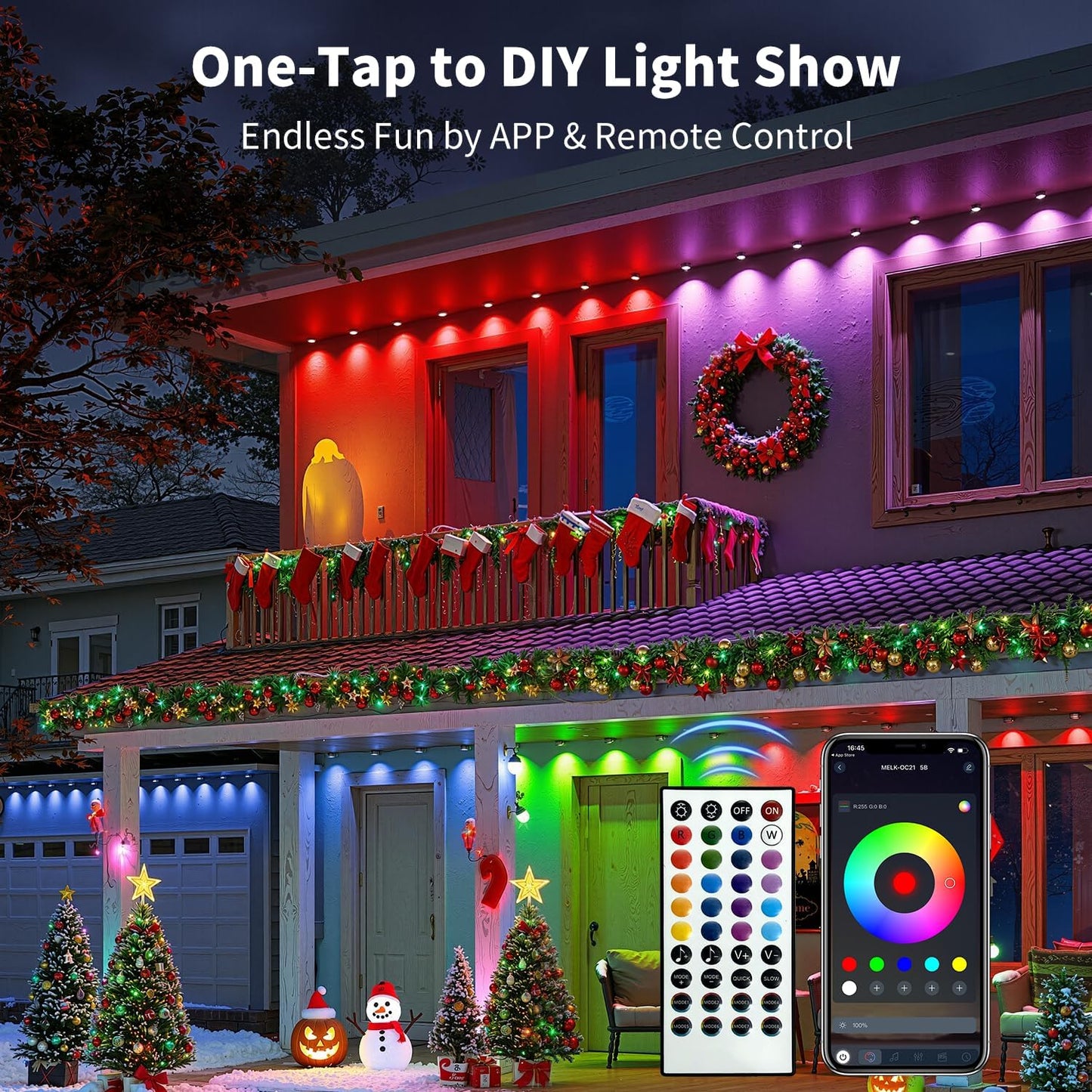 XINKAITE 400FT Permanent Outdoor Lights with 200 LEDs - Smart RGB+IC with 16 Million Colors, IP67 Waterproof, App & Remote Control, Hundreds of Modes for Holidays, Christmas & Home(2 Rolls 200FT)
