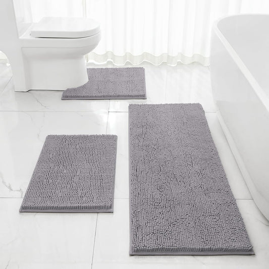 HOMEIDEAS 3 Pieces Bathroom Rugs, Extra Large Ultra Soft Non Slip Absorbent Chenille Toilet Bath Mat Set (Grey,17"x24"+20"x48"+U Shape 20"x24")