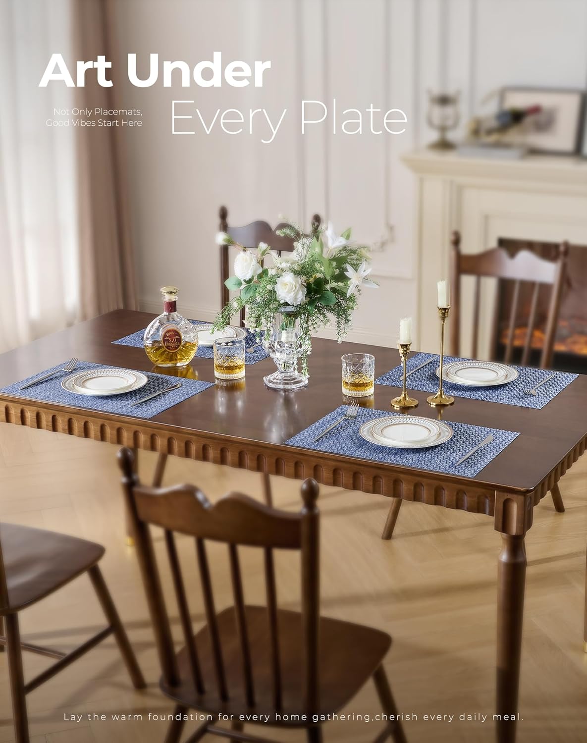 Leetaltree Blue Placemats Set of 4 - Heat Resistant Non-Slip Place mats for Dining Table, Washable Durable PVC Vinyl Woven Table Mats（Blue Zigzag, 4）