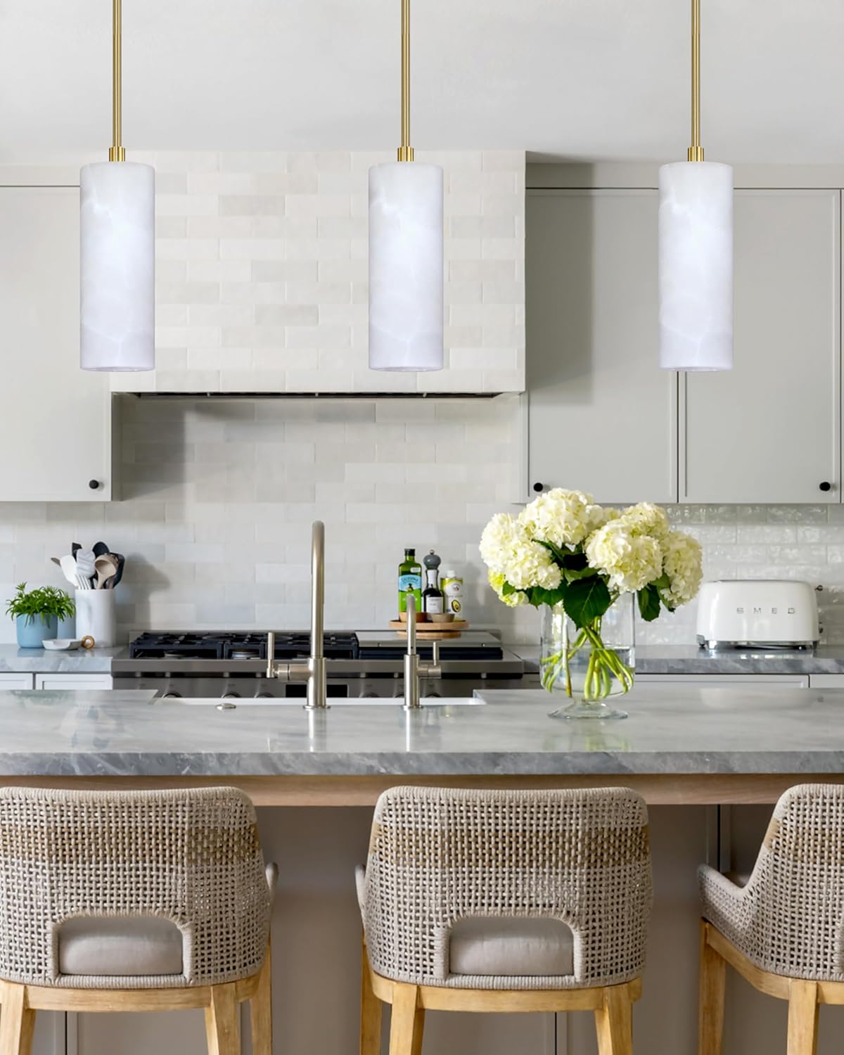 1 Light Modern Industrial Farmhouse Hanging Kitchen Island Pendant Ceiling Light Fixture,Cylinder Natural Alabaster Marble Brushed Bronze Finish Over Sink Restaurant bar Corridor