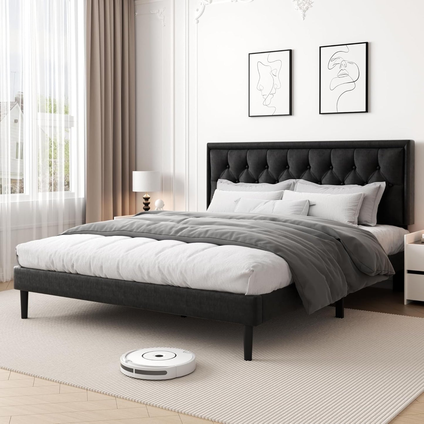 King Size Platform Bed Frame with Upholstered Velvet Button Tufted Headboard, Mattress Foundation with Wooden Slat Support, No Box Spring Needed, Easy Assembly, Noise Free, Black.