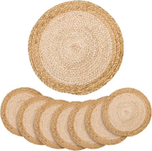 13 in Round Woven Placemats Plate Chargers Set of 8, Boho Farmhouse Rustic Place Mats for Dinner Plates, Rattan Wicker Braided Table Mats Chargers for Dining Table Decor