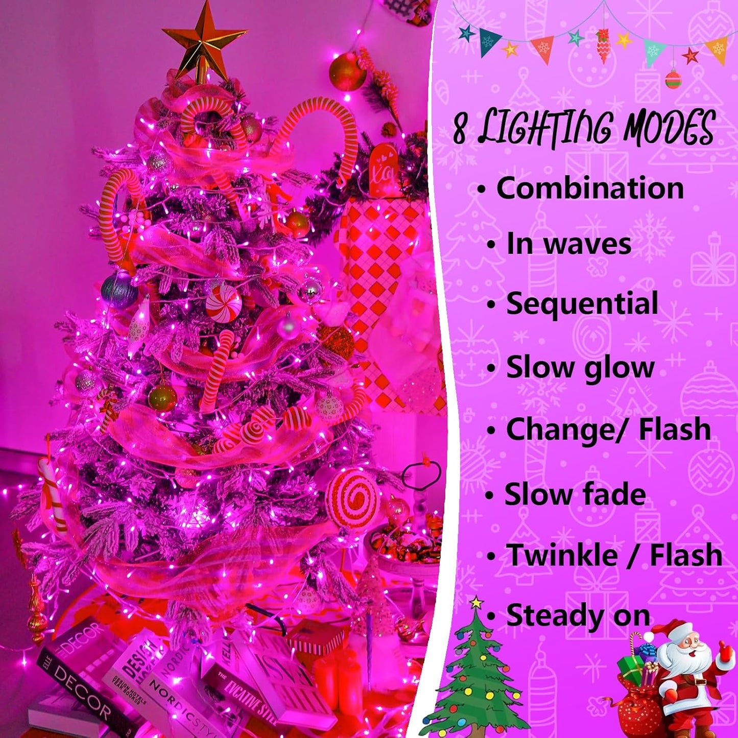 YEGUO Pink String Lights Outdoor Waterproof, 165ft 500 LED Christmas Lights Indoor, 8 Modes Clear Wire Fairy Light Plug in for Party Tree Valentines Wedding