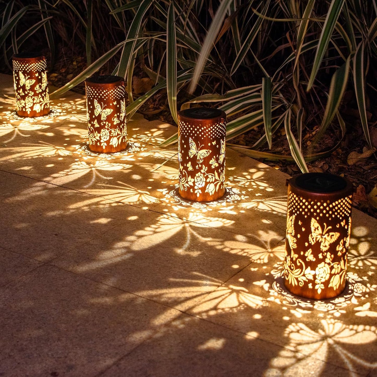 4 Pack Butterfly Birthday Gifts for Women Mom Grandma Solar Lanterns Outdoor Waterproof Garden Decor Metal Hanging LED Decorative Light for Patio Yard Lawn Backyard Front Porch Gardening Gifts