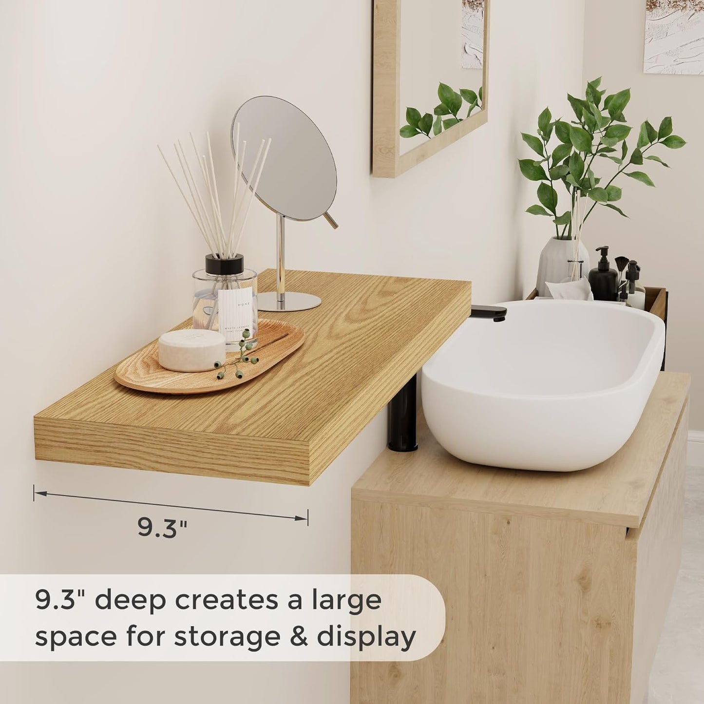 Fun Memories 24 Inch Floating Shelves for Wall, 9.3 Deep Wall Shelves for Home Decor & Storage, 24x9.3x1.5 Large Wooden Shelf with Heavy-Duty Bracket, Deep Shelf for Kitchen, Living Room, Oak Color