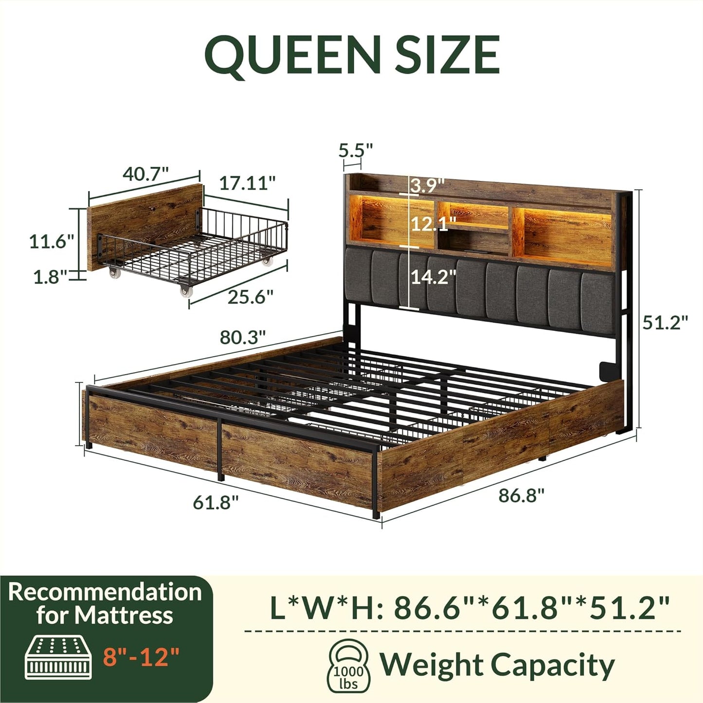 LARMACE Queen Bed Frame with 6 Storage Drawers, Bed Frame Queen Size with Linen Upholstered Headboard, Built in Charging Station and LED, No Noise, Metal Support, No Box Spring Needed,Vintage Brown