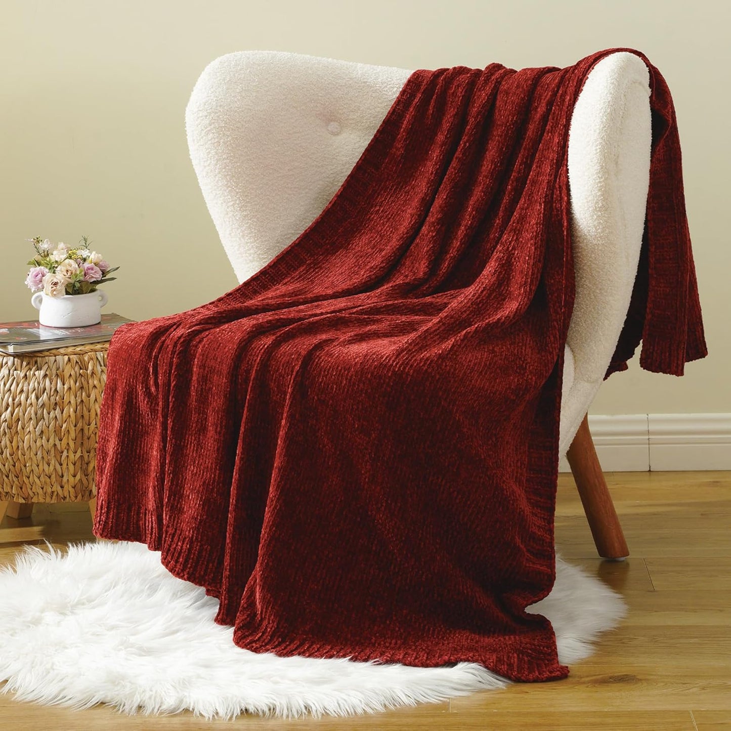 BATTILO HOME Christmas Red Throw Blanket for Couch, Chenille Knit Blanket for Sofa, Chair, Christmas Decor, Super Soft Blanket, 51"x67"