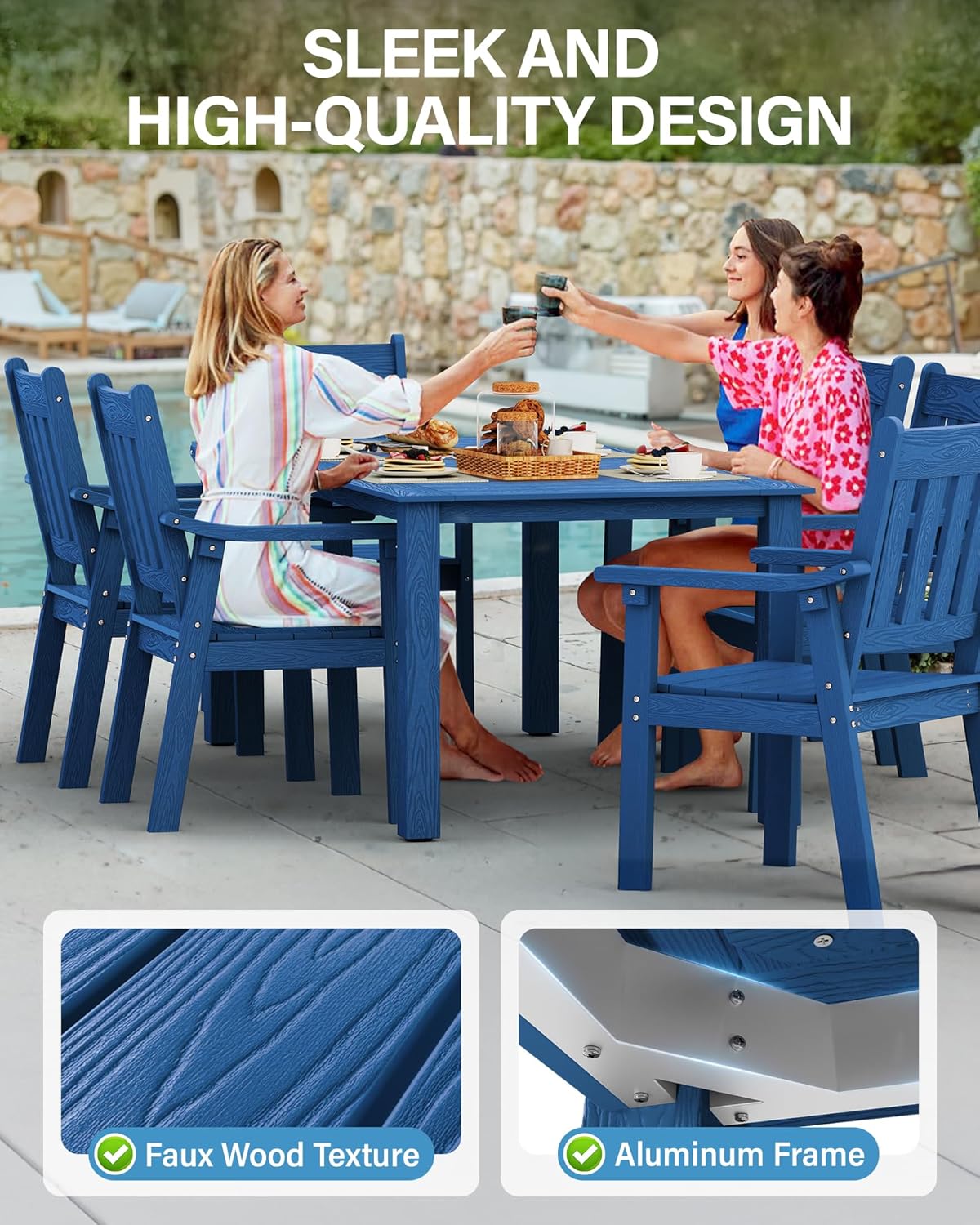 YEFU HIPS Patio Table Set: 7 Piece Outdoor Table and Chairs Dining Furniture Set with Umbrella Hole - Blue Modern Plastic Dining Sets 6 Person for Outside Deck with Metal Aluminum Frame
