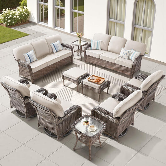 10 Pieces Wicker Patio Furniture Sets Swivel Chairs, All Weather Wicker 3 Seater Sofa with Ottomans Rattan Side Table, Outdoor Conversation Furniture Set for Porch Sunroom Backyard, Beige