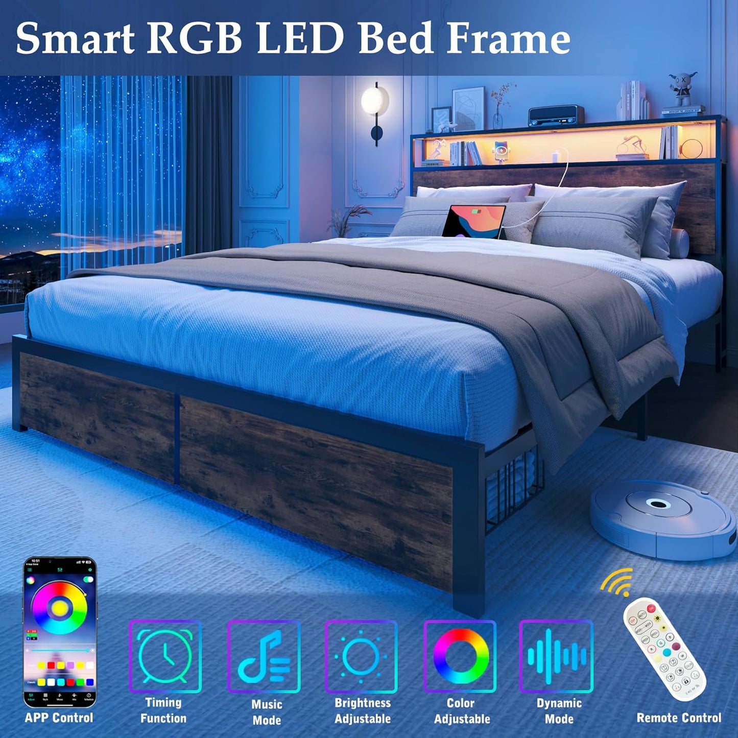 Lifezone Queen Bed Frame with 2-Tier Storage Headboard, Metal Bed Frame with Storage Drawers & Built-in Charging Station & LED, Noise-Free, No Box Spring Needed, Easy Assembly, Rustic Brown