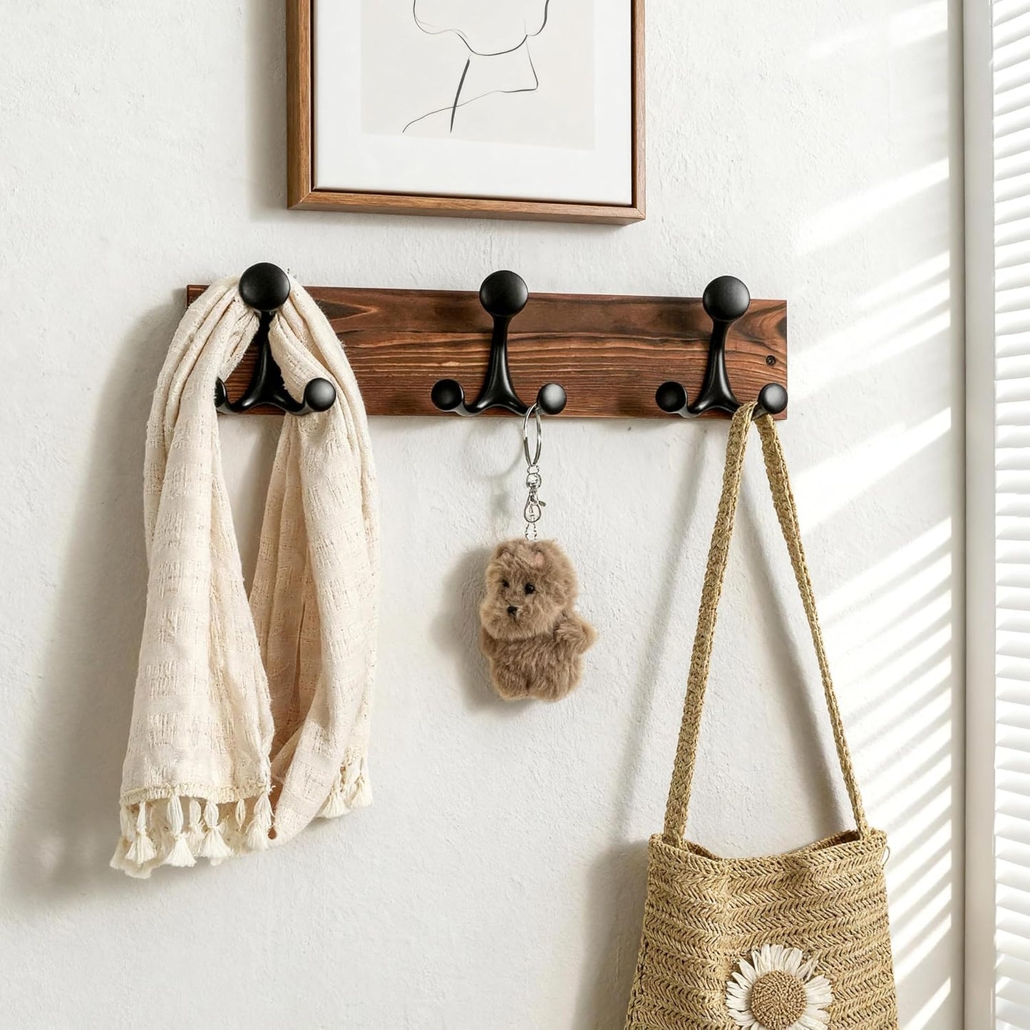 SKOLOO 17-Inch Wood Coat Rack Wall Mount with 3 Triple Hooks - Ideal for Family Entrances, Classrooms, and Pet Supplies Storage - Perfect Coat Hooks for Wall,Charred Golden Brown