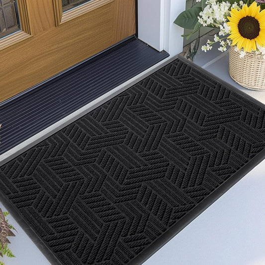 Front Door Mat 29.5"x17" Indoors Outdoors Welcome Mats, Waterproof Non-Slip Rubber Backing Heavy Duty Doormat Outside Entrance, Low Profile Entryway Rugs Floor Mat for Patio, Pattern B Black