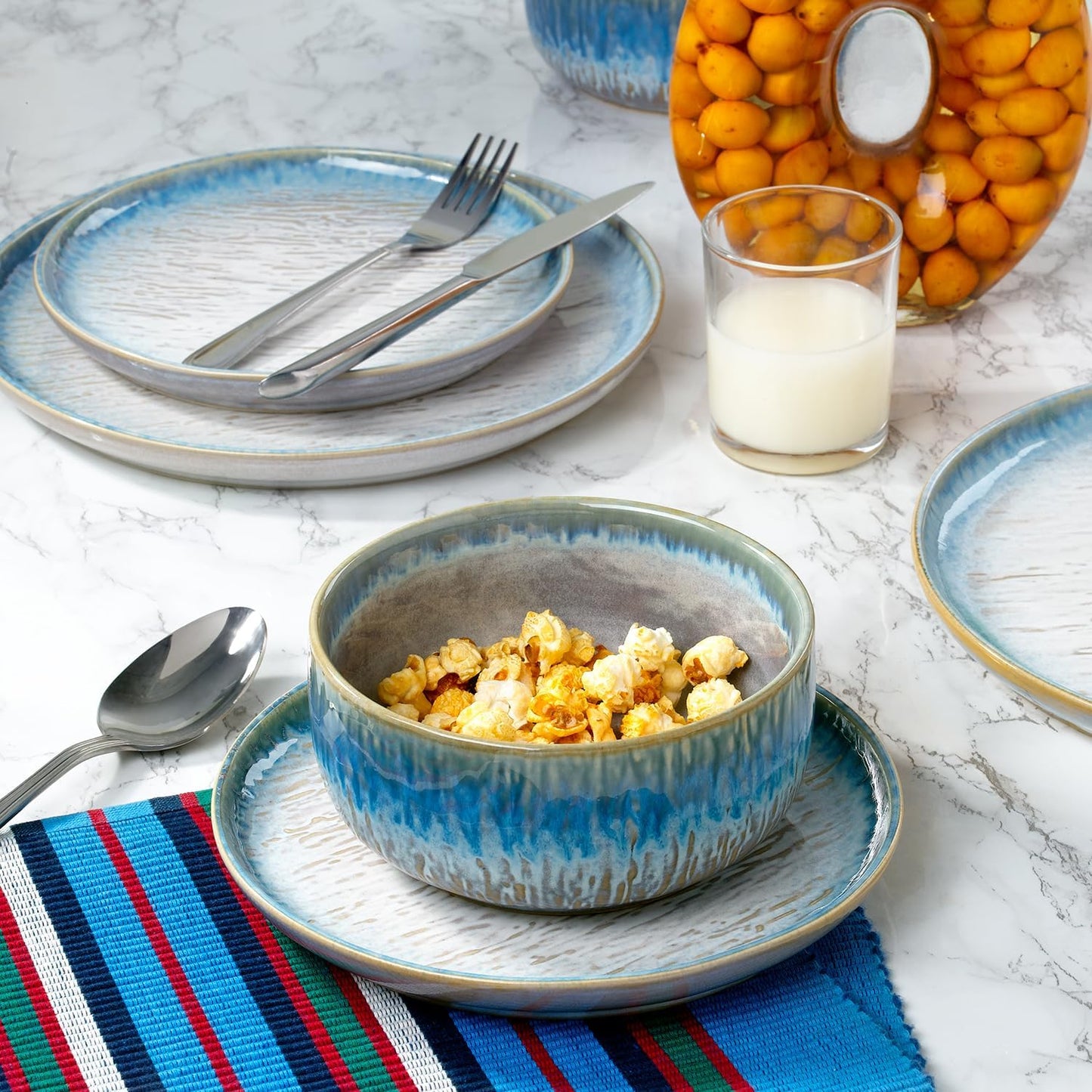 Joseph Sedgh Collection “Talia” 12-piece Stoneware Dinnerware Set with Reactive Glaze Finish, Service for 4, Blue Reactive Glaze