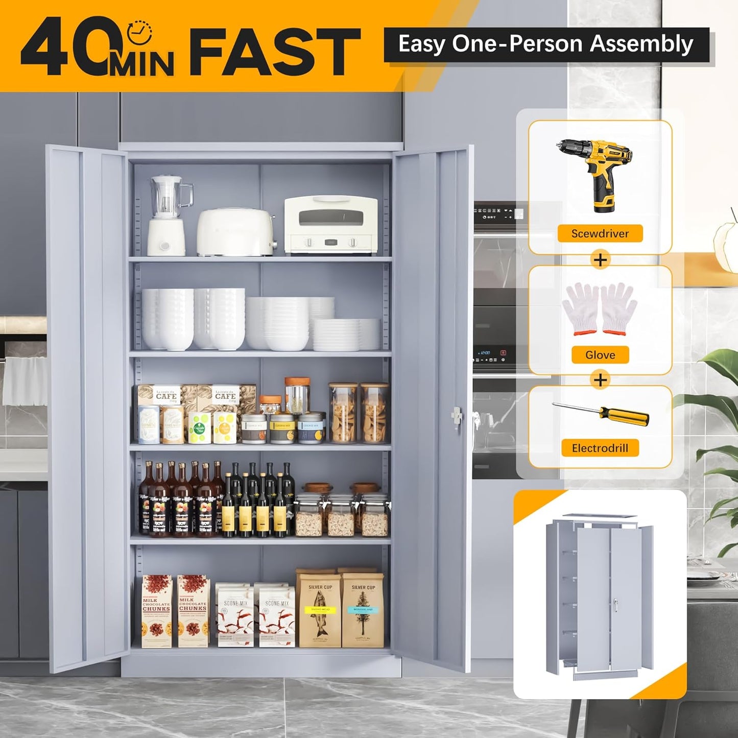 Greenvelly Metal Garage Storage Cabinet with 2 Doors and 4 Adjustable Shelves, 72”H Steel Lockable Storage Cabinet,Tall Metal Cabinet Locking File Cabinet for Office,Home, Garage, Gym, School