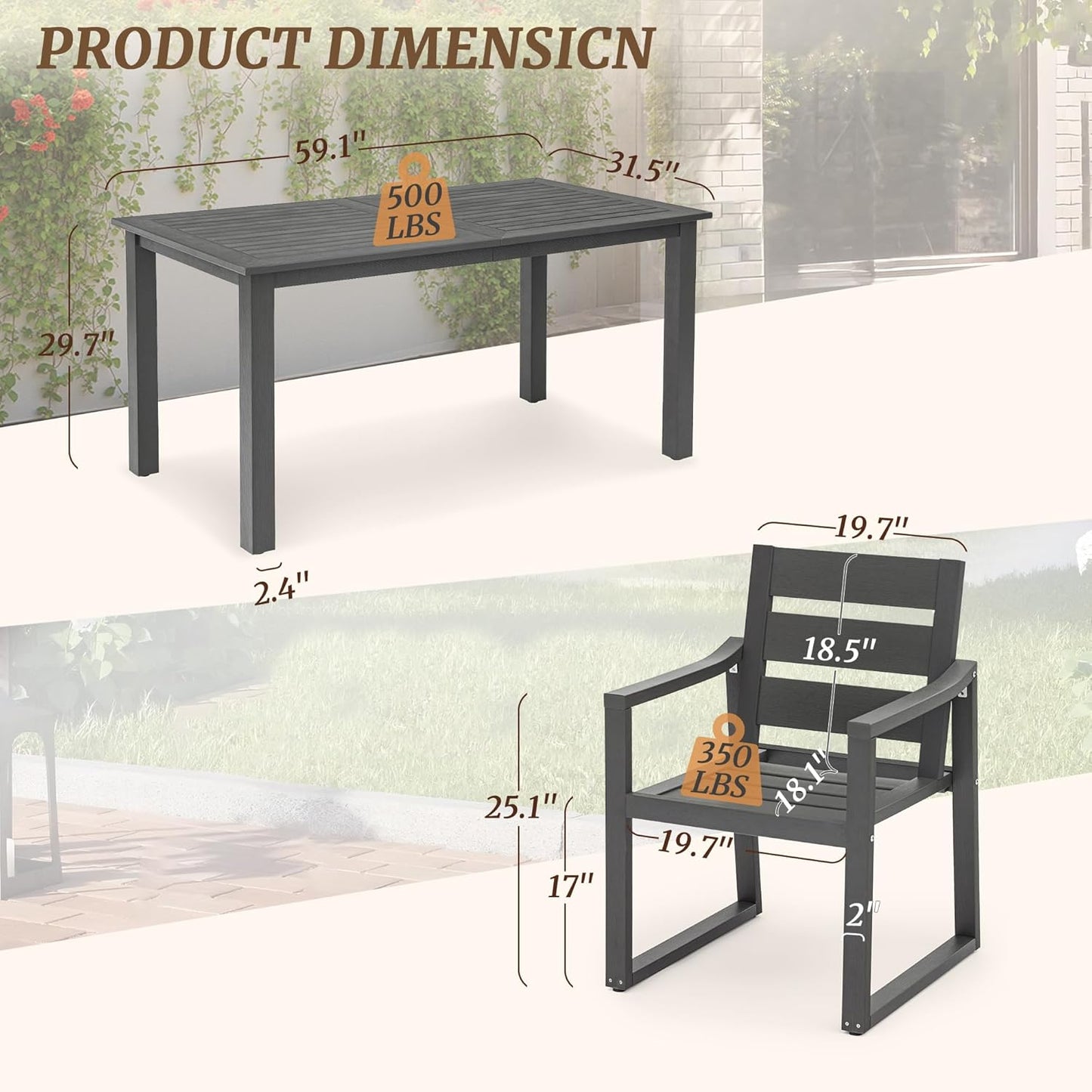 Patio Table and Chairs Set, HDPS Outdoor Dining Set for 6, Patio Furniture for Deck, Poolside, and Backyard, Dark Gray