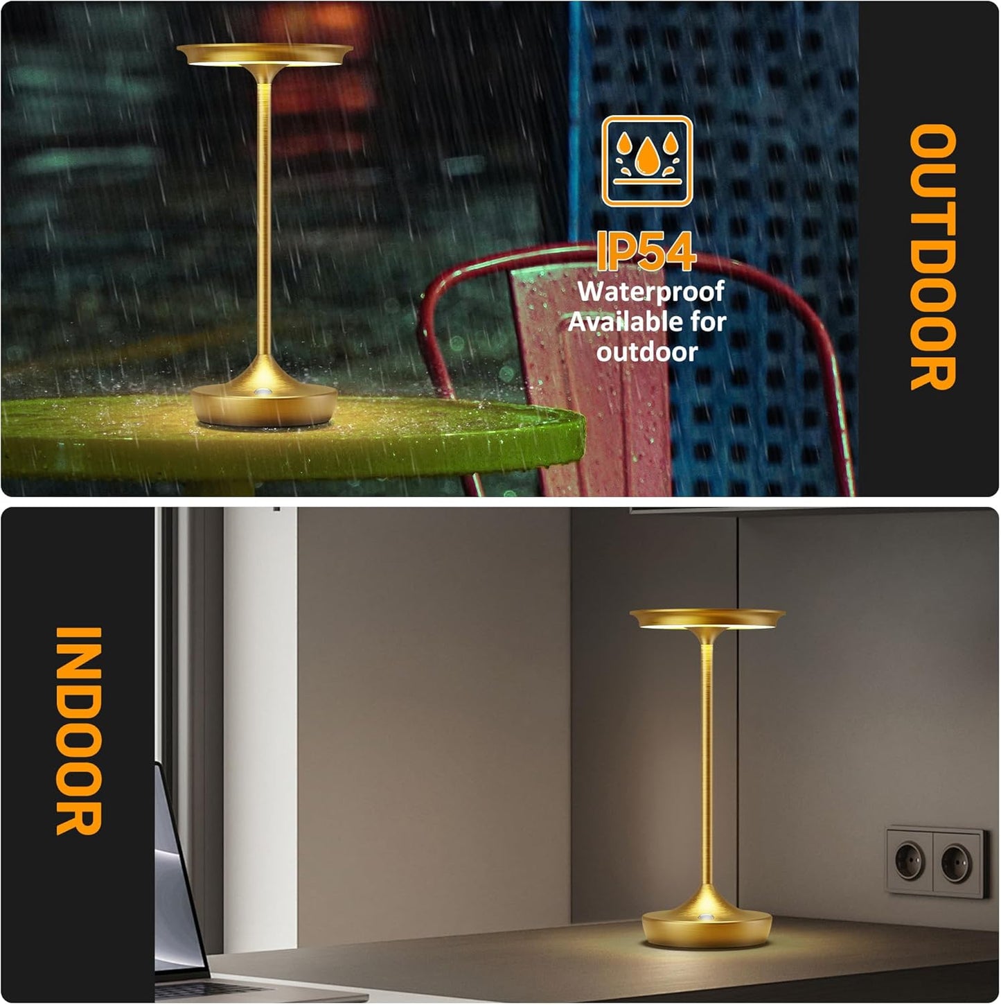 YHT Cordless Rechargeable Table Lamps, Portable 6000mAh Battery Desk Lamp Waterproof 3 Color Stepless Dimming LED Table Light with Memory Function for Outdoor/Dinning/Patio/Restaurant (Gold 1Pack)