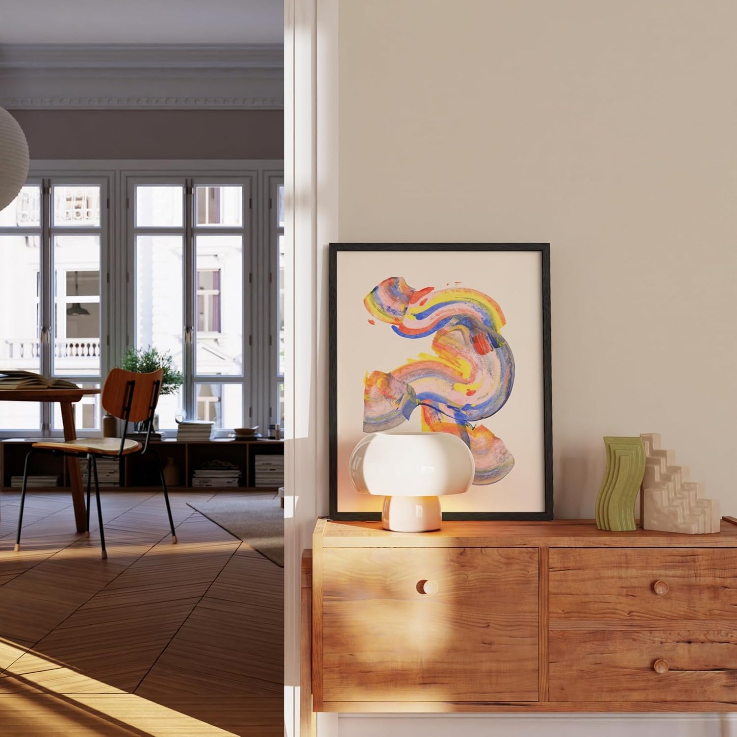 HAUS AND HUES Colorful Abstract Wall Art - Minimalist Retro Picture for Living Room Decor, Red and Pink Modern Wall Art Painting (Abstract Watercolor Swirls, Black Frame, 16x20)