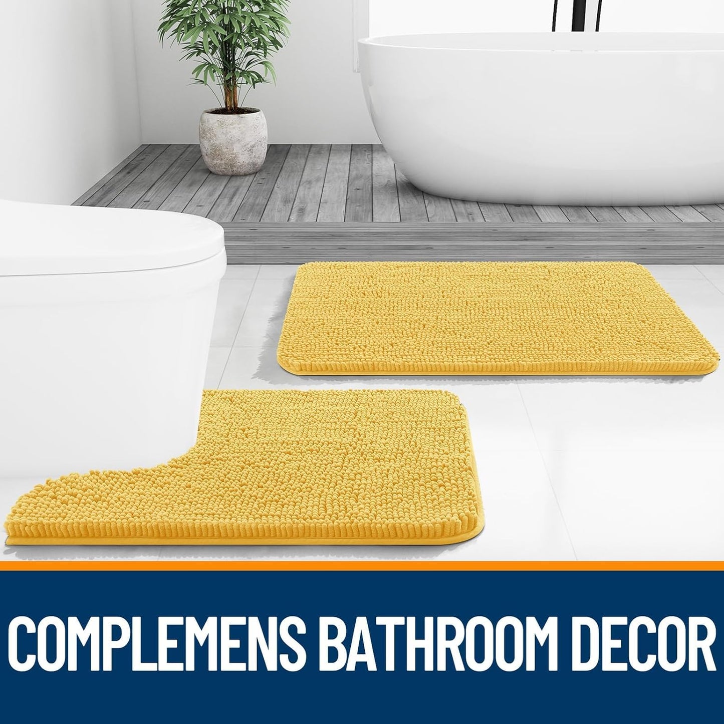 OLANLY Bathroom Rugs Sets 2 Piece, Soft Absorbent Chenille Bath Mats and U-Shaped Contour Toilet Mat Area Rug Set, Machine Washable Bath Carpet, Home Decor Accessories(30"x20"+24"x20", Yellow)