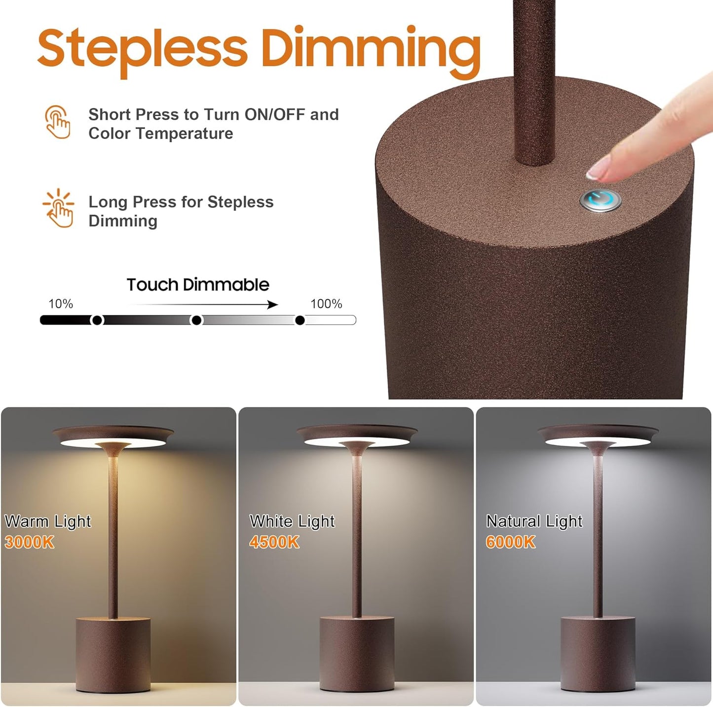 Cordless Table Lamp, Portable Rechargeable 6000mAh Outdoor Table Lamp, 3 Color Stepless Dimming Battery Powered Lamp, LED Table Light for Dinner/Bedroom/Restaurant/Outdoor (Rust)