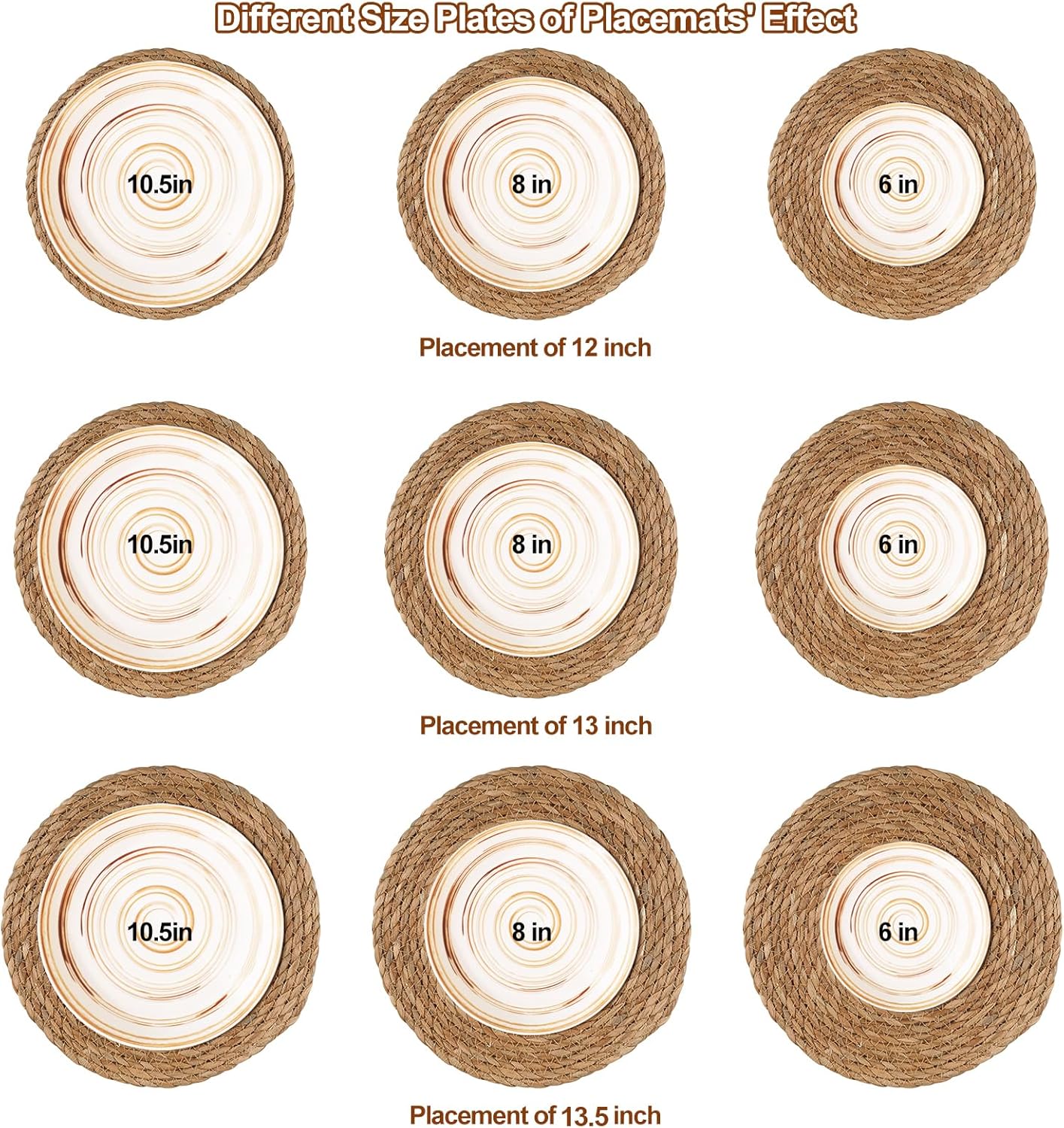 Round Woven Placemats 13.5 inch Set of 6 - Boho Rattan Placemat Natural Water Hyacinth Placemats, Farmhouse Weave Place Mats, Rustic Braided Wicker Table Mats for Dining Table,Home,Wedding