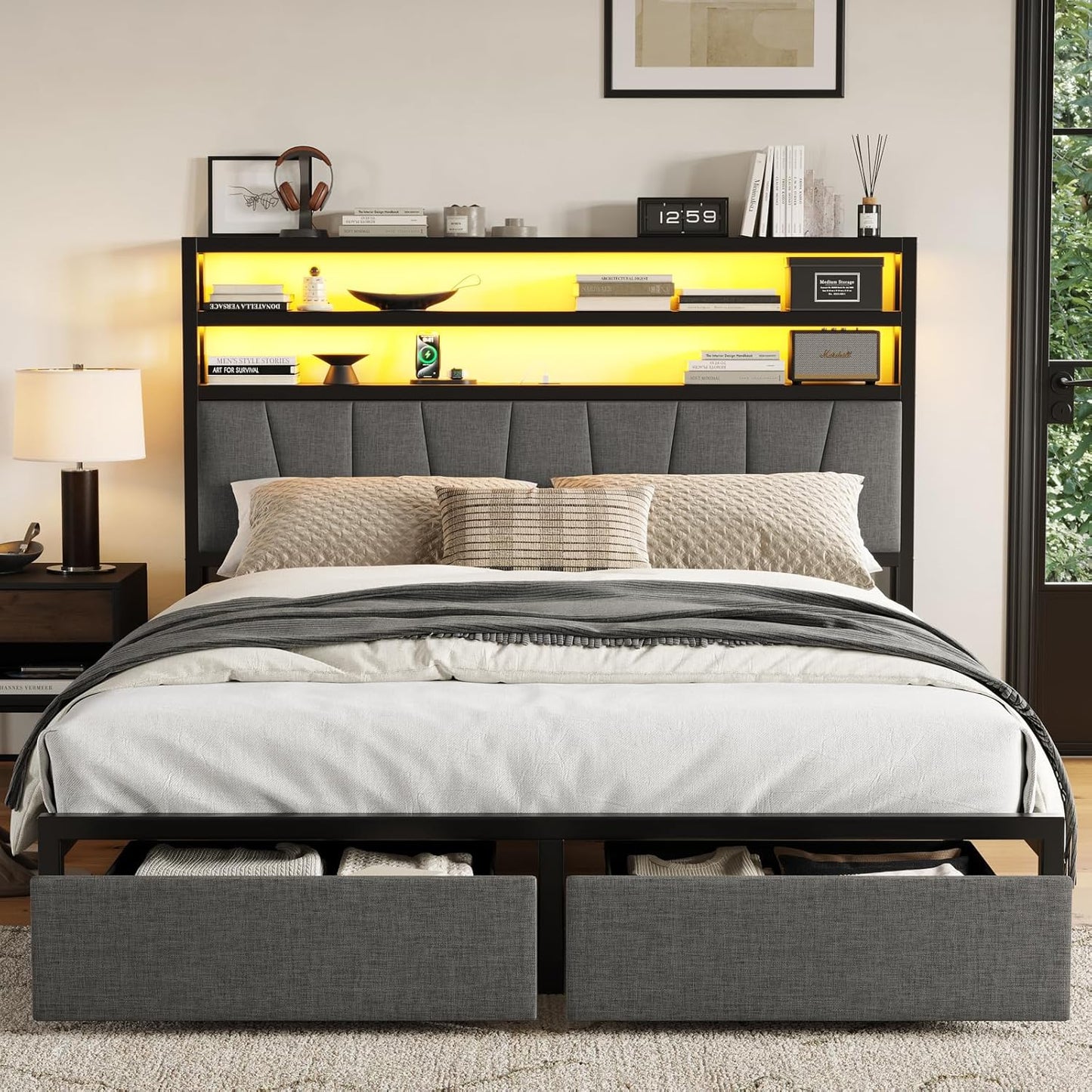 Queen Bed Frame with Storage Headboard Bed Frame Queen Size with 2 Storage Drawers LED Light and Charging Station Platform Bed Base No Box Spring Needed
