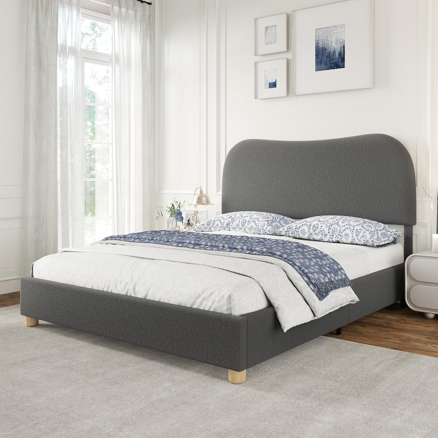 AMERLIFE Full Size Upholstered Boucle Bed Frame, Soft Cloud Platform Bed with Adjustable Headboard, Modern Design, Rounded Corners, Rubberwood Legs, No Box Spring Needed, Easy Assembly, Charcoal Gray