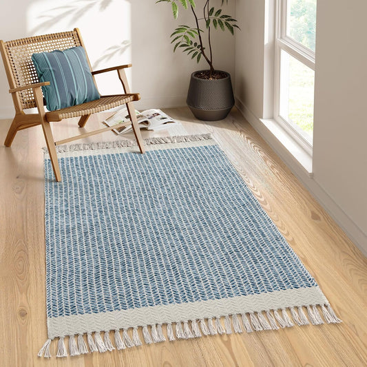 Lahome Boho Bedroom Rug, 3x5 Blue Office Rug Lightweight Bath Door Mats Indoor Woven Entry Rugs with Tassels, Non Shedding Washable Throw Farmhouse Carpet for Living Room Camper RV