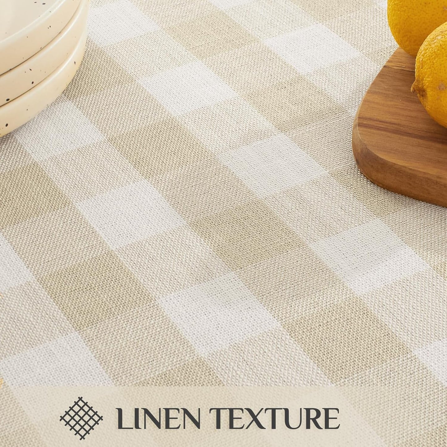 Softalker Checkered Tablecloth Square, Heavy Weight Linen Gingham Outdoor Table Cloth with Tassel, Wrinkle Free Buffalo Plaid Table Cover for Dining/Party/Home - 55 x 55 Inch, Beige