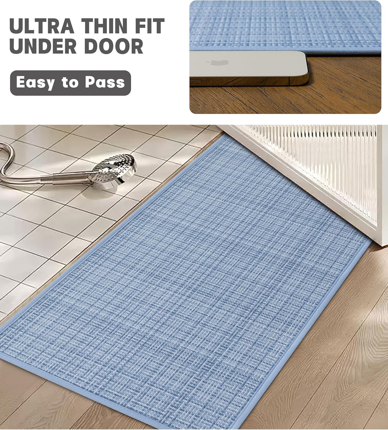 YIHOUSE Bathroom Rugs Sets 2 Pieces, Blue Ultra Thin Bath Mats Fit Under Door, Absorbent Quickly Dry Rubber Backing Braided Bath Mat Set, Non Slip Washable Bath Rugs for Bathroom Floor, Blue