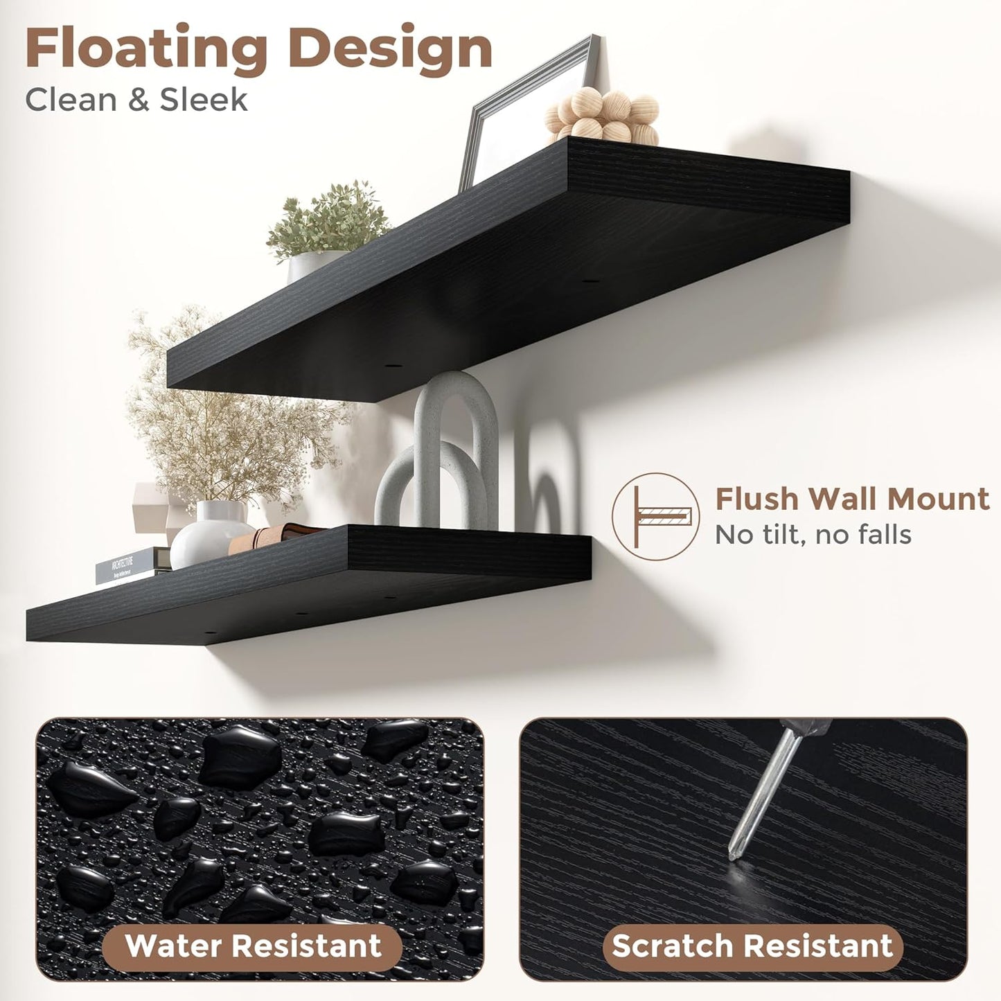 Floating Shelves for Wall with Invisible Brackets, Wall Mounted Engineered Wood Shelves with Wood Grain for Living Room, Bedroom, Bathroom, Kitchen Decor and Storage, Oak, 36"L Set of 2, Black