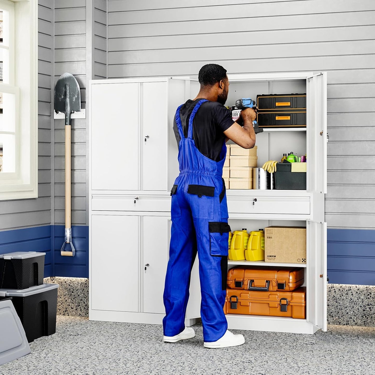 Yizosh Metal Garage Storage Cabinet with Locking Doors and Adjustable Shelves, 71" Tool Storage Cabinet with 1 Drawer for Garage,Office,Warehouse (White)