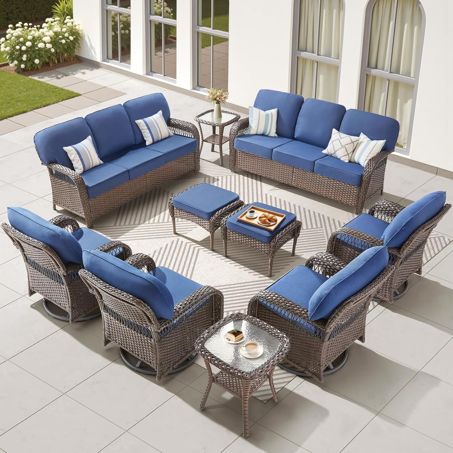 10 Pieces Wicker Patio Furniture Sets Swivel Chairs, All Weather Wicker 3 Seater Sofa with Ottomans Rattan Side Table, Outdoor Conversation Furniture Set for Proch Sunroom Backyard, Blue